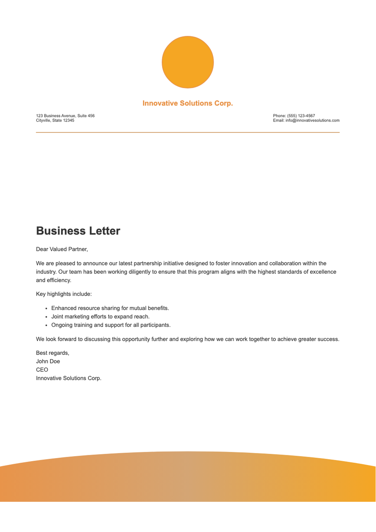 Professional letterhead template with orange wave design and editable fields_variant_3